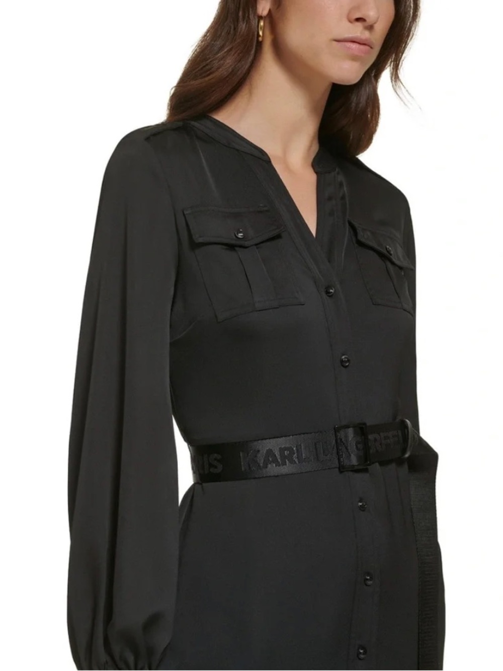 Karl Lagerfeld Black Long-Sleeve Handkerchief-Hem Shirt Dress - Picture 4 of 5